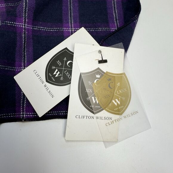 Clifton Wilson Purple Blue Plaid 100% Cotton Pocket Square With Button New - Picture 6 of 6